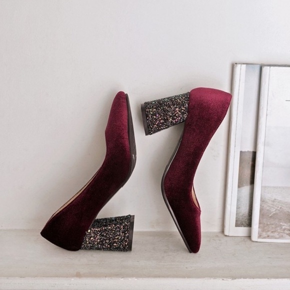 Velvet Sparkle Chunky Heel Holiday Pumps 3 Colors - Picture 5 of 8